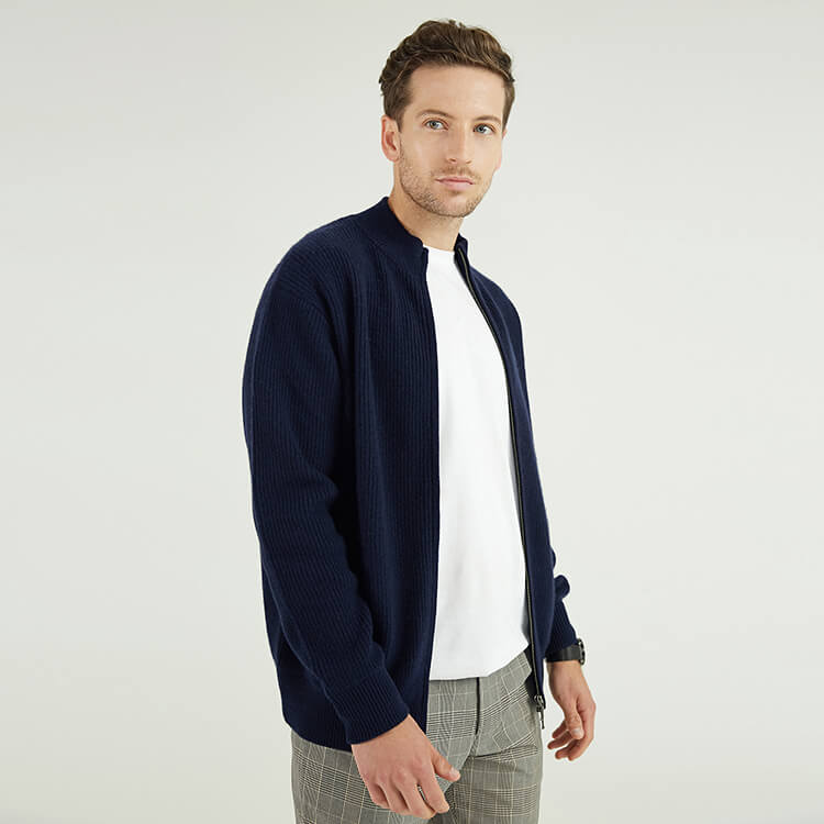 Custom Mens 100% Wool Full Zip Up Navy Blue Rib Knit Cardigan Jacket