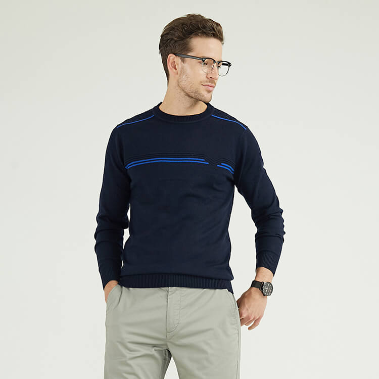Custom Made Mens Wool Blend Navy Intarsia Round Neck Knitted Pullover Jumpers