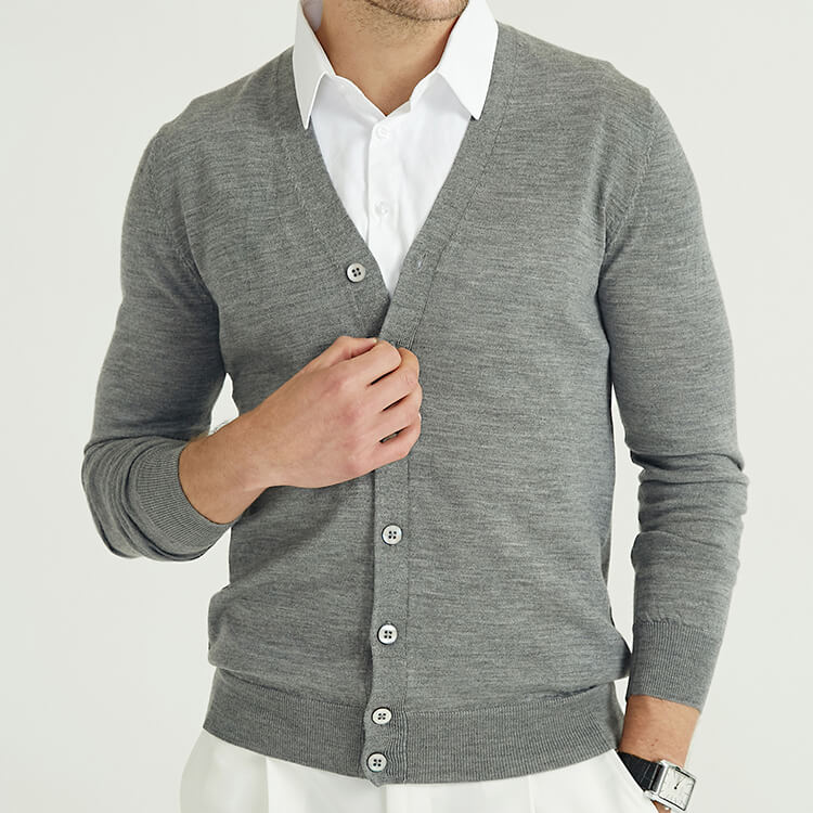 Custom Mens Classic Gray 100 Pure Merino Wool Cardigan Sweater With Button