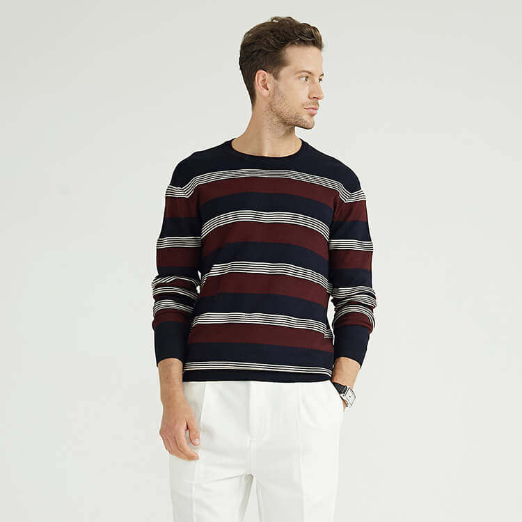 Stripe Stitching Round Neck Wool Knit Plus Size Men'S Sweaters