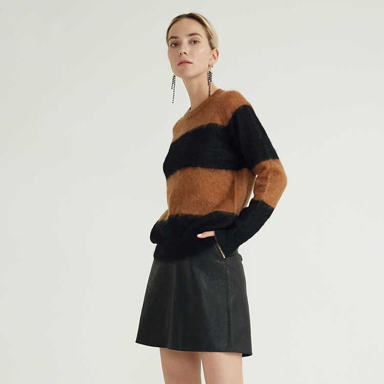 Mohair Knitted Long Sleeve Crew Neck Stripe Tops Women's Knitted Oversized Sweaters Women