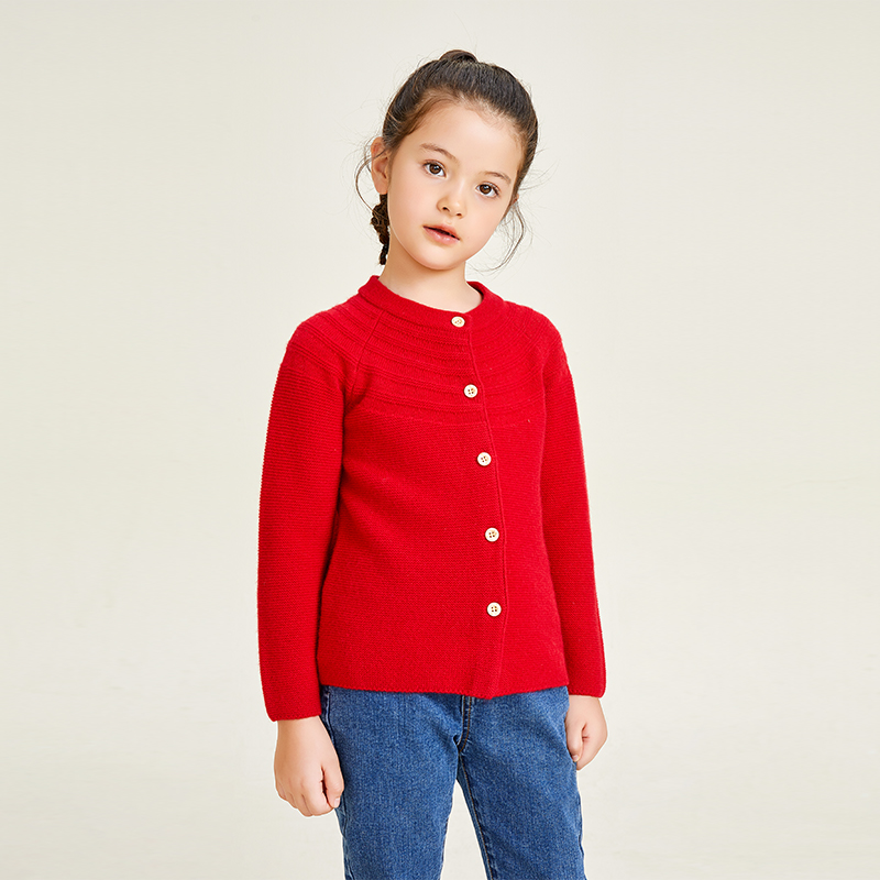 Red Knitted Long Sleeve Round Neck Button Decorative Girls' Cardigan