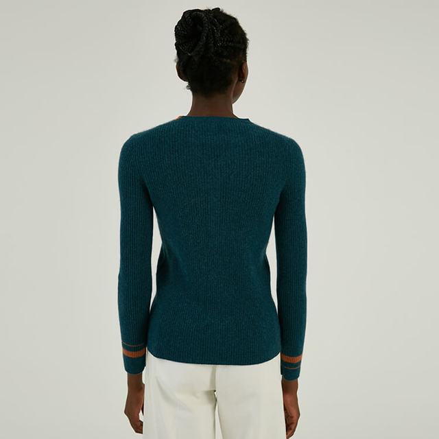Custom 100% Cashmere Collar Colorblock Design Rib Button Up Pullover Sweater
