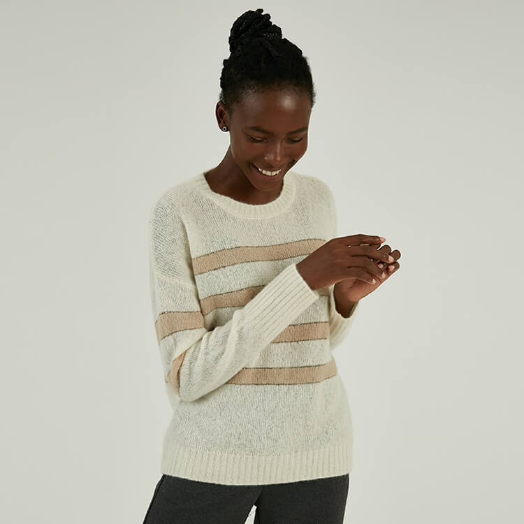 Custom 100% Cashmere Autumn Winter Women Stripe Crewneck Knit Sweater