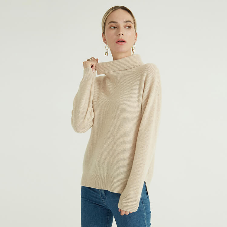Beige Long Sleeve Turtle Neck High Collar Basic Pure Turtleneck Knitted Luxury 100 % Women Cashmere Sweater