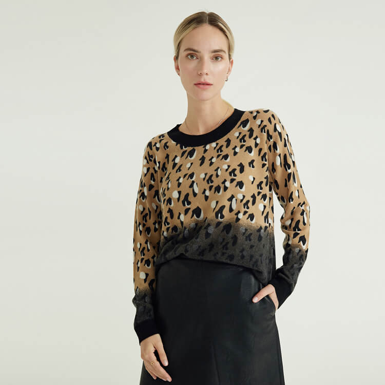 Leopard Printing Crew Neck Pure Casual Women Knit Cashmere Knitted Pullover Sweaters