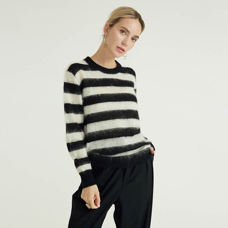 Long Sleeve Round Neck Crew Neck Casual Women's Knitted Custom Striped Mohair Sweater 