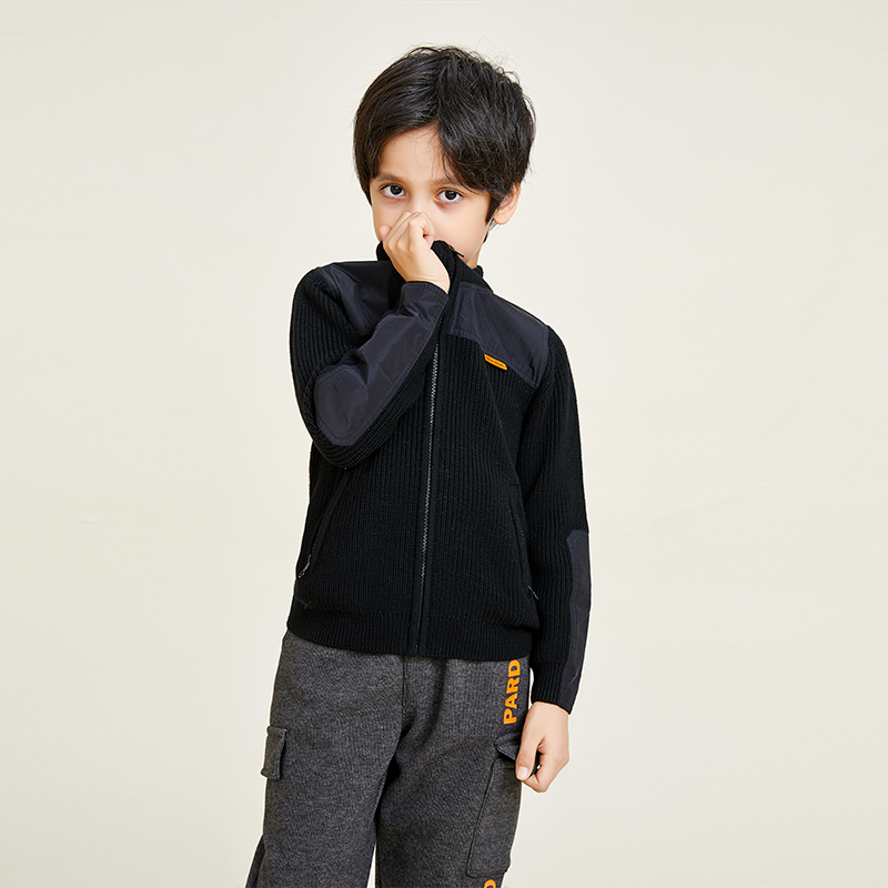 Boys Knit Panel Woven Long Sleeve Cardigan