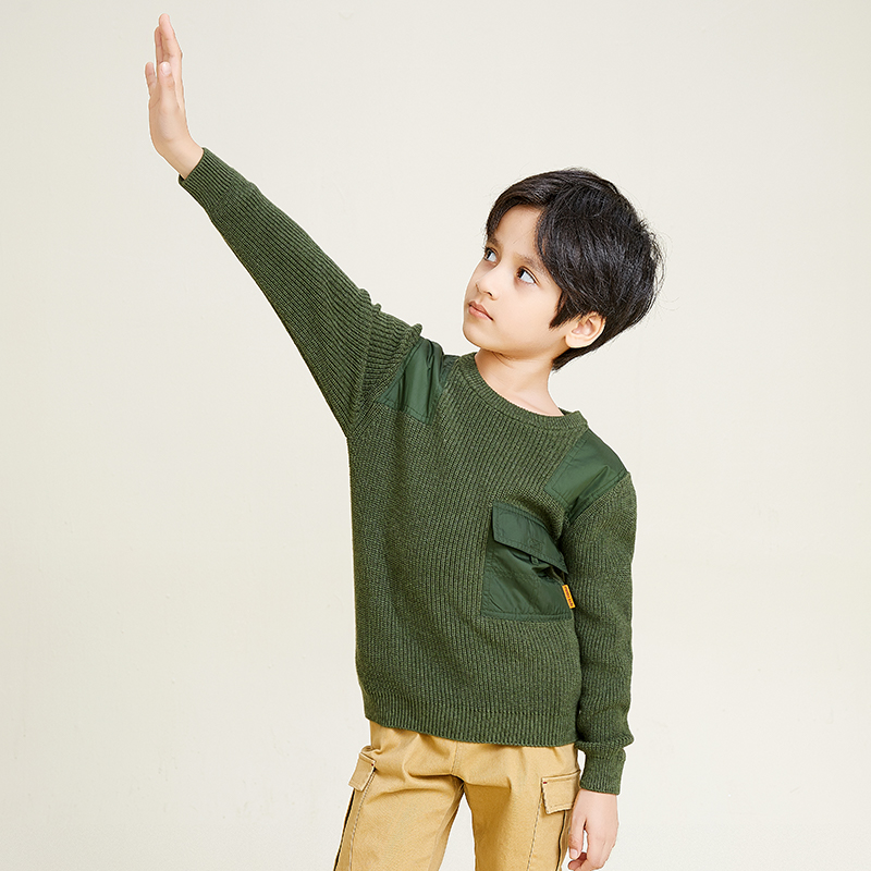 Boys Long Sleeve Crew Neck Knit Pullover Green Pocket Sweater
