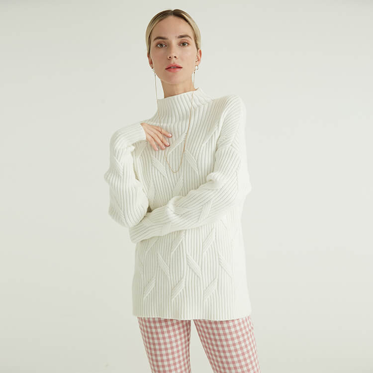 Factory White Long Sleeve High Collar Rib Chunky Woman's Sweaters For Women