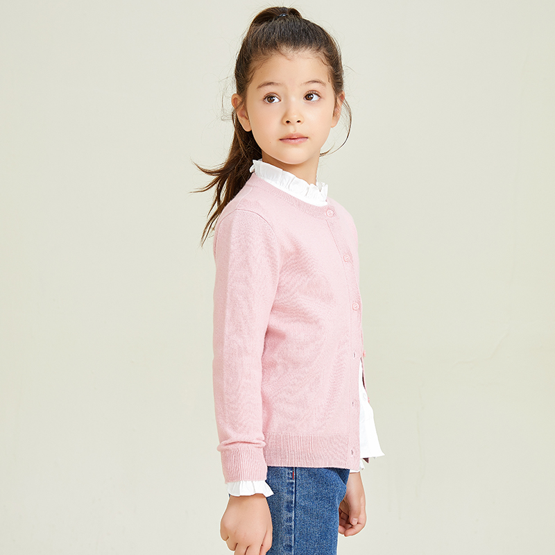 Customized Long Sleeved Girls\' Pink Button Decorative Knitted Cardigan