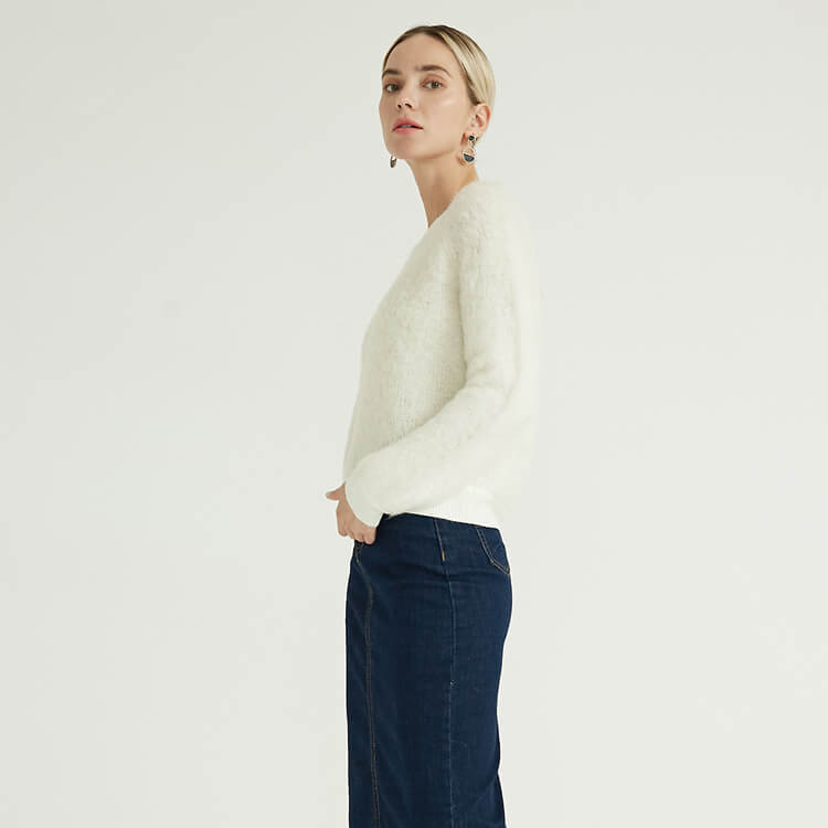 Solid Crew Neck Fashion Loose Casual Pullovers Mohair Crochet Sweater Women