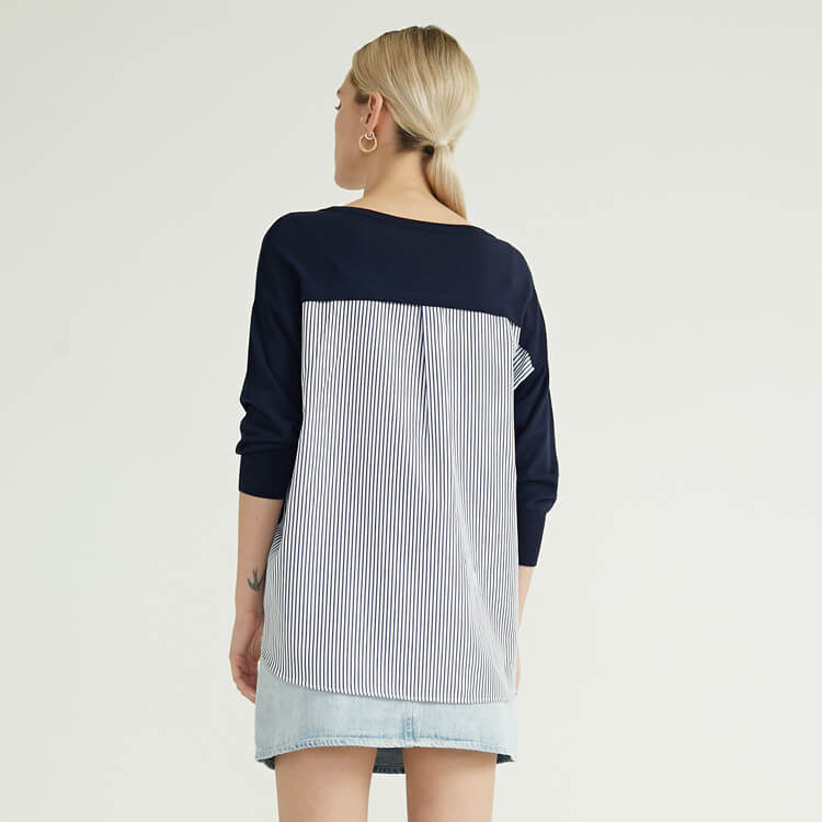 Blue Woven Striped Fabric Panel Design Knitted Pullover Sweater For Women