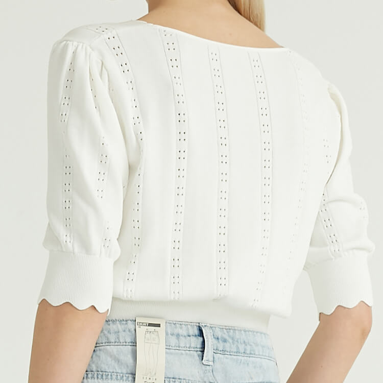 White Hollow Pattern Design Women's V-neck Pullover Sweater For Women