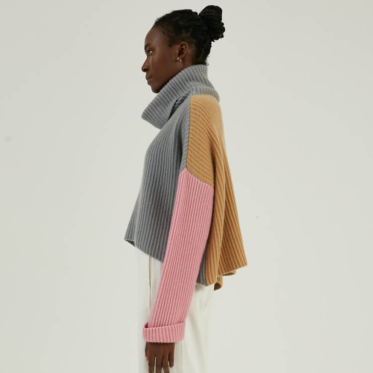 Knitwear Manufacturer Custom 100% Cashmere Colorblock Turtleneck Knit Sweater
