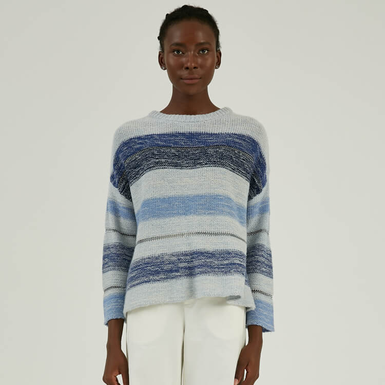 Cashmere Wool Blend Heavy Gauge Reverse Jersey Striped Knit Pullover Sweater