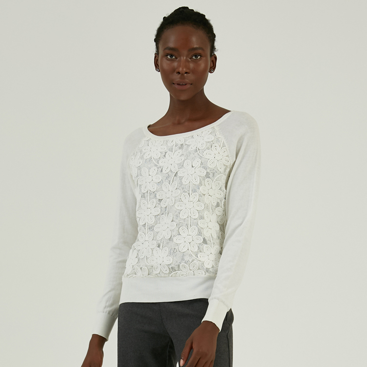 Spring Summer 100% Organic Cotton Knit Floral Lace Stitching Knitwear