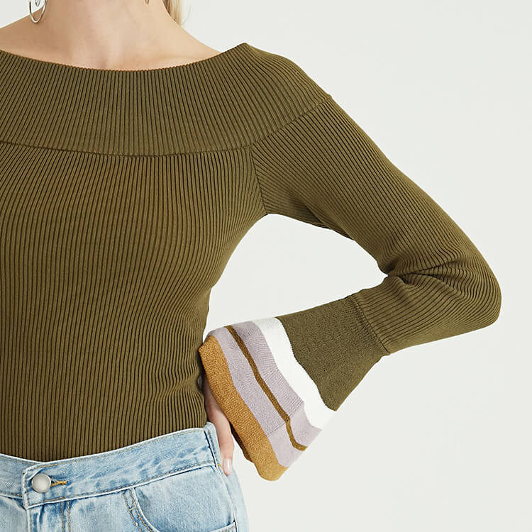Classic Collar Flared Sleeve Panel Design Cashmere Knit Woolen Sweater For Women