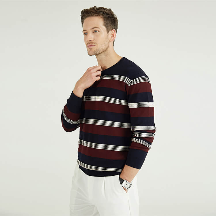 Stripe Stitching Round Neck Wool Knit Plus Size Men'S Sweaters