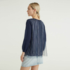 Blue Crew Neck Back Striped Tulle Design Knitted Pullover Women Knit Sweater