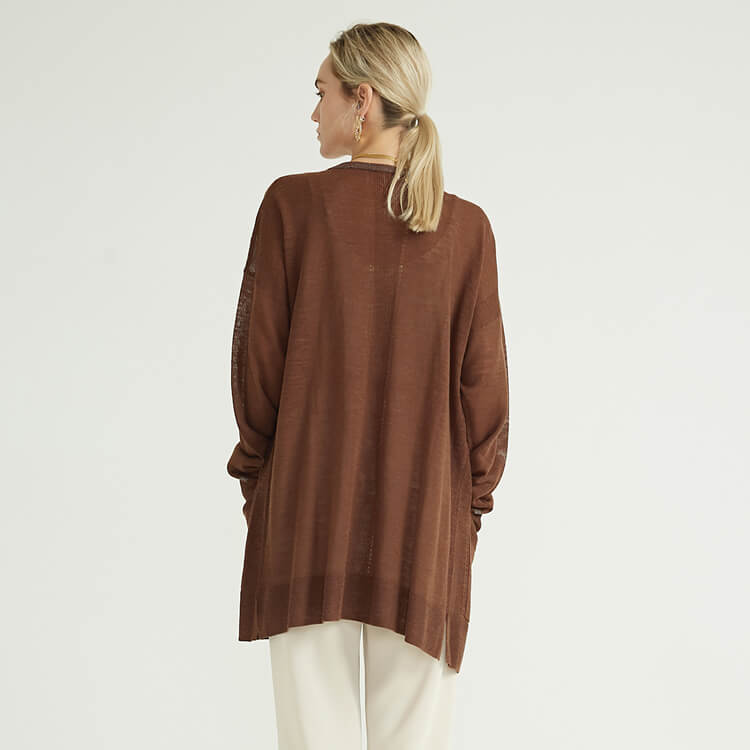 Acrylic Linen Brown Bold Silver Custom Knit Medium Length Breathable Knitted Cardigan