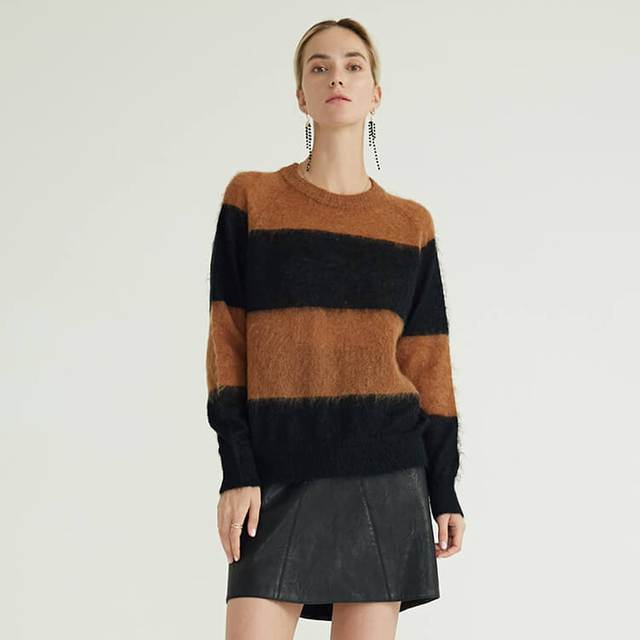 Mohair Knitted Long Sleeve Crew Neck Stripe Tops Women's Knitted Oversized Sweaters Women