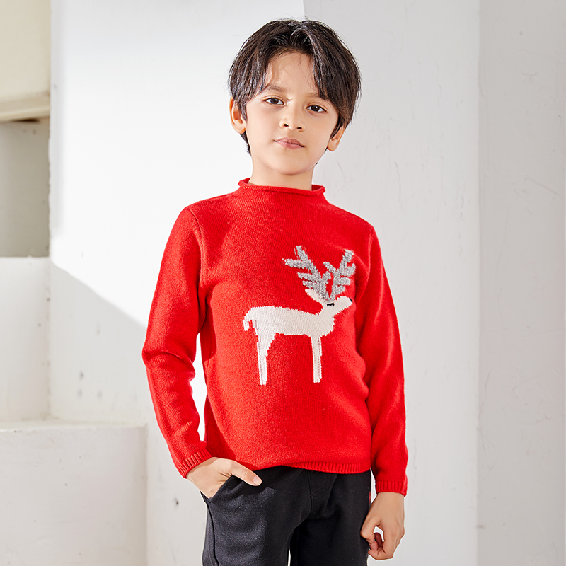 Middle Neck Hem Long Sleeve Red Elk Pattern Decoration Boys Pullover Sweater