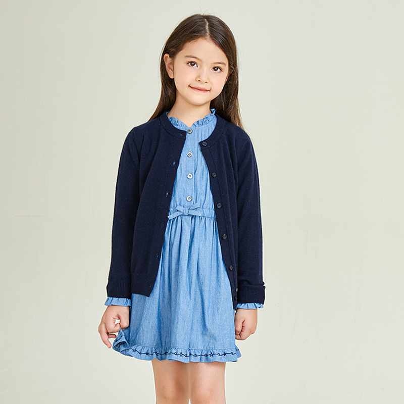 Blue Knitted Solid Button Girls' Coat Cardigan