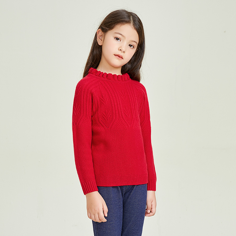 Lace Round Neck Knitting Long Sleeve Red Warm Girls Pullover Sweater
