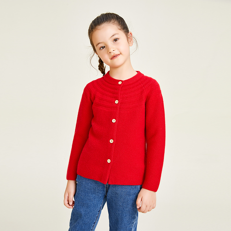 Red Knitted Long Sleeve Round Neck Button Decorative Girls\' Cardigan