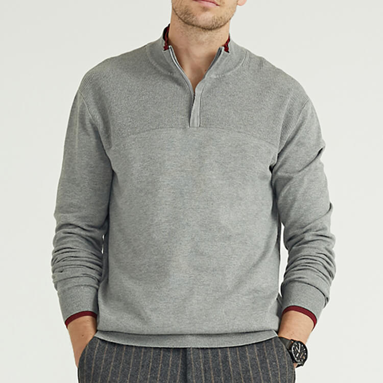 1/4 Zip Pullover Knitted Simple Contrast Color Long-sleeved Men's Sweater
