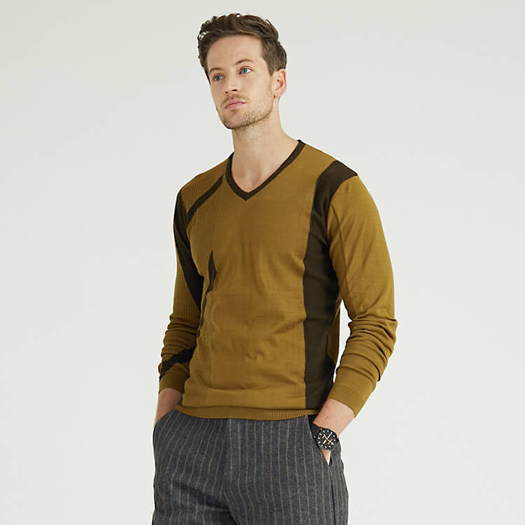 V-neck Knitted Simple Contrast Color Patchwork Long-sleeved Men's Sweater