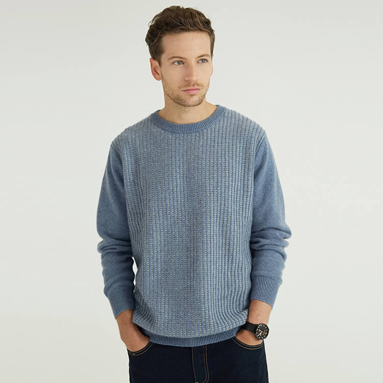 Custom Mens Cashmere Wool Blend Plaied Knitted Crewneck Pullover Sweater
