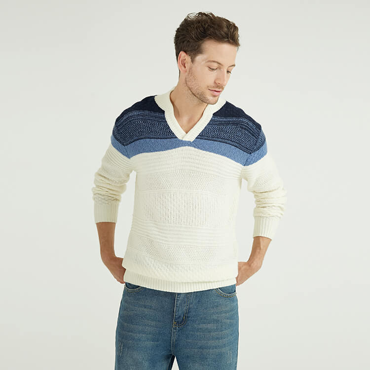 Mens 100% Cashmere Fancy knitted V neck Long Sleeves Pullover With Colour Block