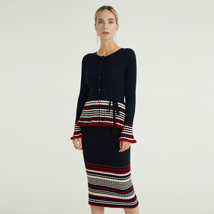 Autumn Winter Pure Cashmere Round Neck Bell Cuff Cardigan Skirt Knitting Needles Women Knit Set