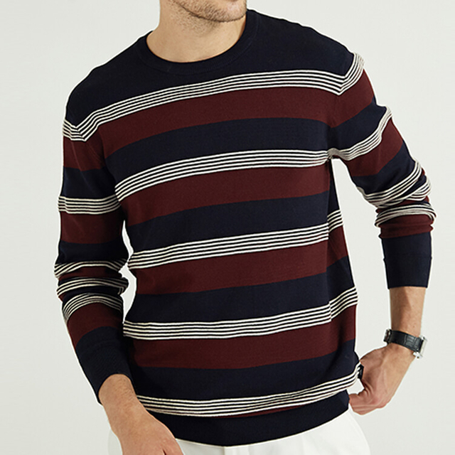 Stripe Stitching Round Neck Wool Knit Plus Size Men'S Sweaters