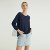 Blue Crew Neck Back Striped Tulle Design Knitted Pullover Women Knit Sweater