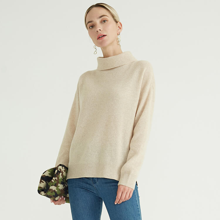 Beige Long Sleeve Turtle Neck High Collar Basic Pure Turtleneck Knitted Luxury 100 % Women Cashmere Sweater
