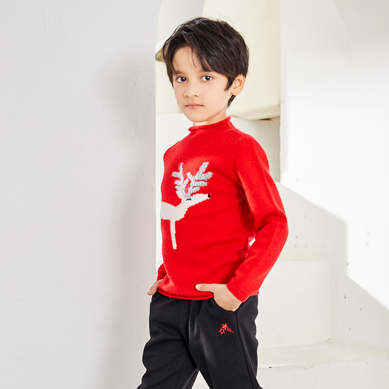 Middle Neck Hem Long Sleeve Red Elk Pattern Decoration Boys Pullover Sweater