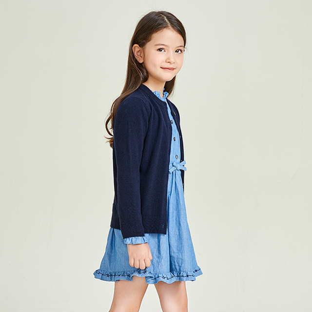 Blue Knitted Solid Button Girls' Coat Cardigan