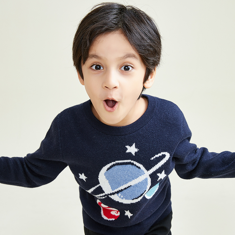 Round Neck Long Sleeve Knitting Simple Jacquard Pattern Boys Pullover Sweater