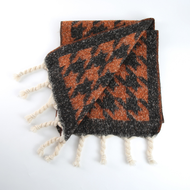 Classic Design Thousand Bird Pattern Knitted Fringed Scarf
