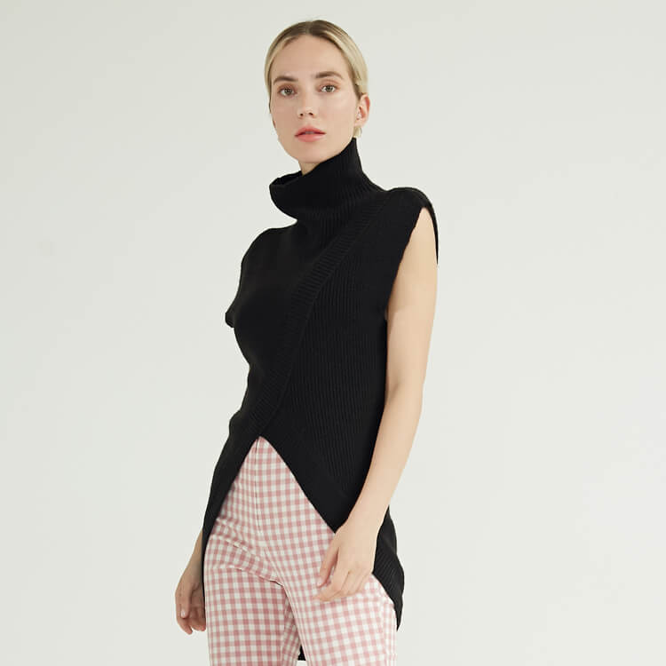 Black Sleeveless Solid Color Knitted Pullover Sweater Cashmere Jumper For Woman