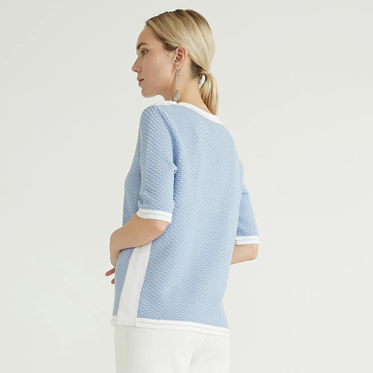 Round Neck Half Sleeve Light Blue Knit Woolen Sweaters For Women