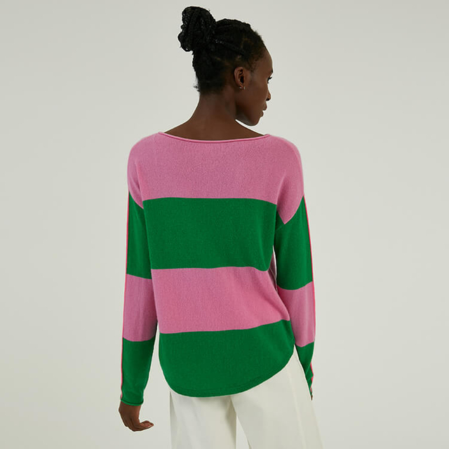 Custom 100% Cashmere Colorblock Stripe Intarsia Knitted Pullover Sweater