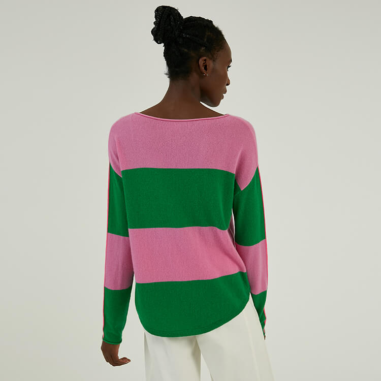 Custom 100% Cashmere Colorblock Stripe Intarsia Knitted Pullover Sweater