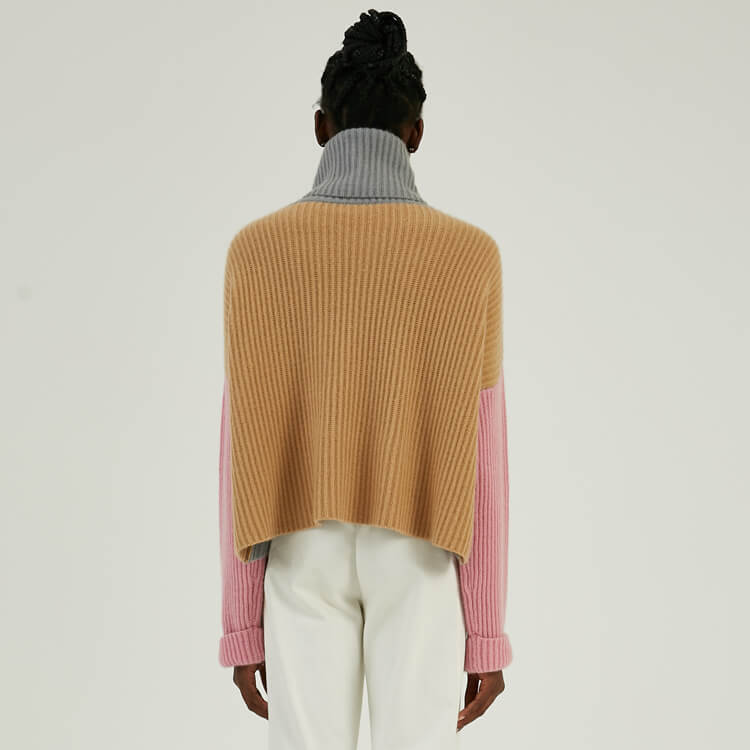 Knitwear Manufacturer Custom 100% Cashmere Colorblock Turtleneck Knit Sweater