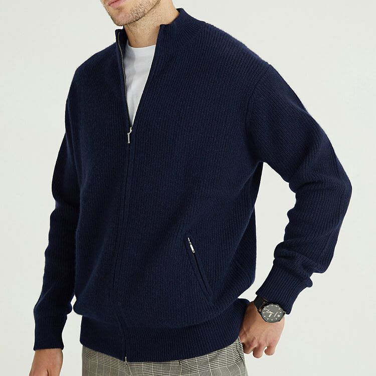 Custom Mens 100% Wool Full Zip Up Navy Blue Rib Knit Cardigan Jacket