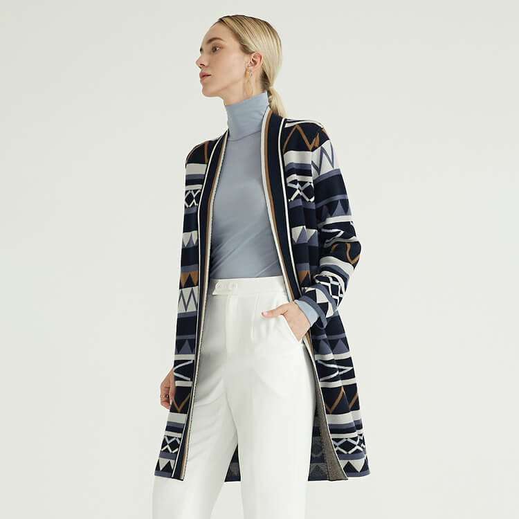 Autumn Winter Merino Wool Cashmere Lady's Cardigan Knitted Coat With Striped Design