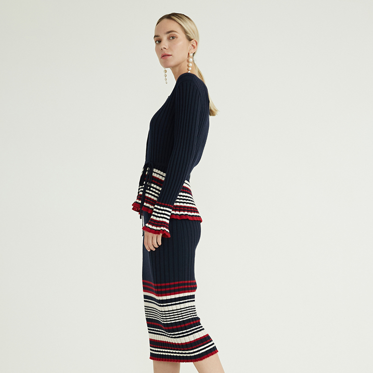 Autumn Winter Pure Cashmere Round Neck Bell Cuff Cardigan Skirt Knitting Needles Women Knit Set